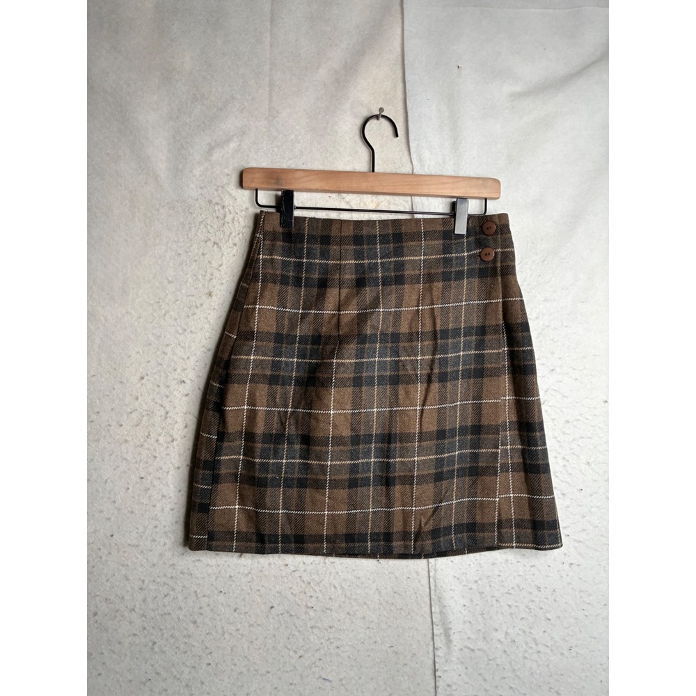 Vintage 35th & 10th Brown Plaid Wool Blend Mini Skirt Size 7 Academic 90s USA